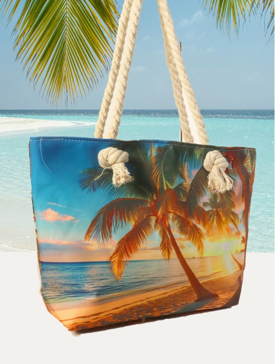 Canvas Palm Tree Print Shoulder Tote